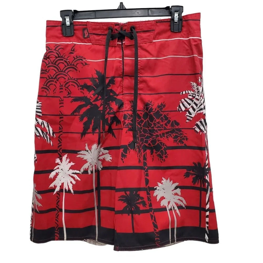 Tony Hawk Men's Red White Black Tropical Palm Tree Print‎ 11" Swim Trunks Size S